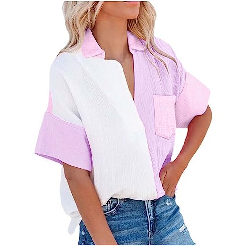 Leinenhemden FüR Damen Button-Down Bluse Mode V-Ausschnitt Kurzarm Shirts Color Block Blusen Tops Mit Tasche Freizeithemd Arbeitsbluse Tops Knopfleiste Casual Kragen Sommerbluse Lockere Passform von routinfly