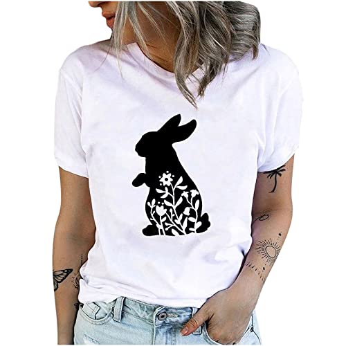 Ostern-Pullover-T-Shirts für Frauen mit Rundhalsausschnitt, Kurzarm-T-Shirt, süßes Kaninchen, bedruckt, modale Oberteile, Sommer, weiße Bluse von routinfly