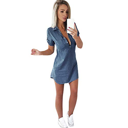 Routinfly Damen Kurzarm Kleid Casual Blusenkleid Knielang Kleider Jeans Kurzarm hemdkleid Sommer Denim Kleid von Routinfly