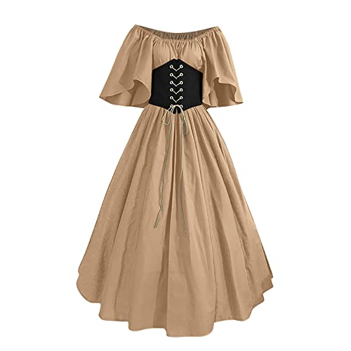 Routinfly Damen Rundhalsausschnitt Kleid Flare Ärmel Schulterfrei Mittelalterliche Vintage Kleider mit Korsett Patchwork Ballkleid von Routinfly