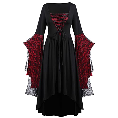 Routinfly Damen Vintage Halloween Totenkopf Maxikleider Plus Große Größe Lässig Locker Mode Lady Sexy Retro Spitze Print Batwing Langarm Bandage Langes Kleid Für Bühne Performance Cosplay Party Club von Routinfly