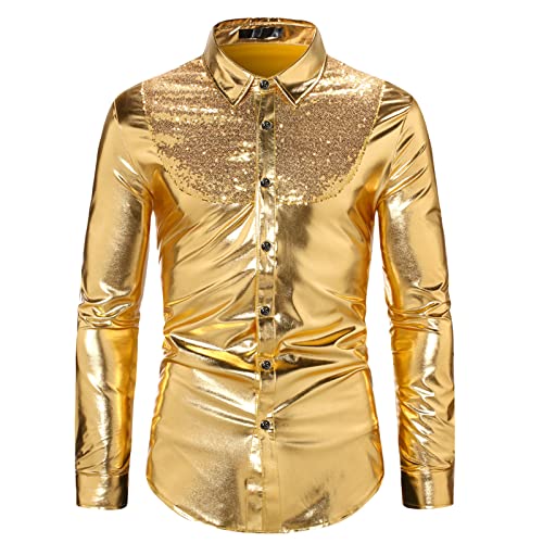 routinfly Herren-Blusen und -Oberteile Elegant, Herren, lässig, Farbkontrast, Pailletten, Disco-Hemd, Gold, leicht, Langarm, Manschetten, Revers, Hemdbluse, Muskel-Fit-Hemden Tshirt von routinfly