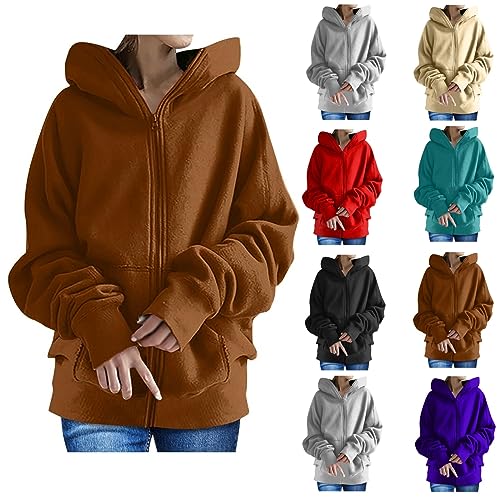 routinfly Kapuzenjacke Damen Kapuzenmantel Mit Kordelzug ReißVerschluss Kapuzenpullover Top LäSsiges Langer Mode Comfy Hoodie Jacke Einfarbig Lose Full Zip Up Pullover Sweatshirt Mantel Mit Taschen von routinfly