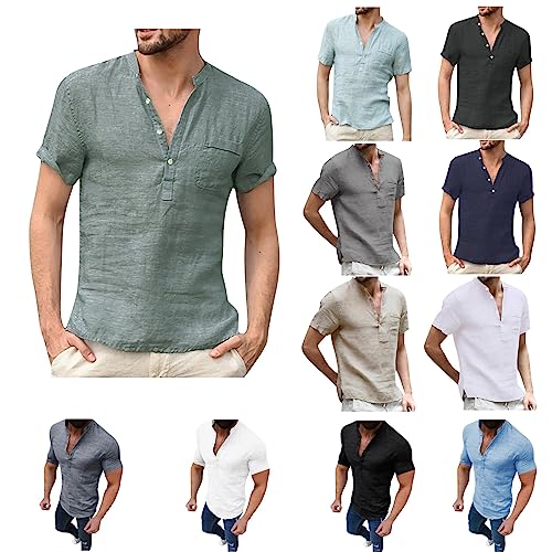 routinfly Leinenhemd Herren Kurzarm Baumwoll Leinenhemd Herren Sommer Leichtes Atmungsaktives Freizeithemd Stehkragen Regular Fit Businesshemd Mode Lockeres Knopfhemd Bluse Arbeitshemd Strandhemd von routinfly