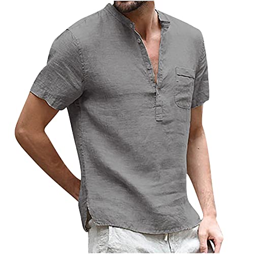 routinfly Leinenhemd Herren Kurzarm Baumwoll Leinenhemd Herren Sommer Leichtes Atmungsaktives Freizeithemd Stehkragen Regular Fit Businesshemd Mode Lockeres Knopfhemd Bluse Arbeitshemd Strandhemd von routinfly