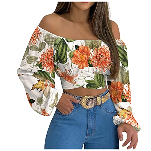 Sexy Weste T-Shirts für Frauen One-Shoulder-Laterne Langarmshirts Floral bedruckte Tunika kurze Oberteile geraffte Bluse von routinfly