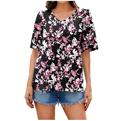 Sommer Pullover Lässige T-Shirts Für Frauen V-Ausschnitt Kurzarm T-Shirt Blume Bedruckte Lose Oberteile Leichte Sweatshirtbluse von routinfly