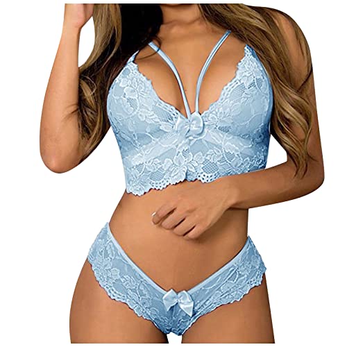 Spitze Dessous Dame Sexy Plus Größe 2 Stück BH und Höschen Set Nachtwäsche Floral Korsett Babydoll Unterwäsche Set Hohe Taille V-Ausschnitt Push Up BH Tanga Sets Sport BH Outfit Clubwear S-5Xl von Routinfly