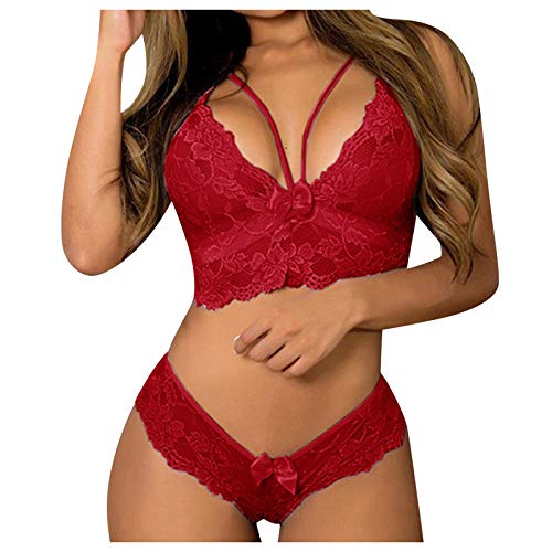 Spitze Dessous FüR Frauen Sexy Plus GrößE 2 StüCk UnterwäSche BH Und HöSchen StüCk Set Floral Korsett Babydoll Transparent Set Hohe Taille V Hals NachtwäSche Chemises Mesh Clubwear Mini Teddy S-5Xl von Routinfly