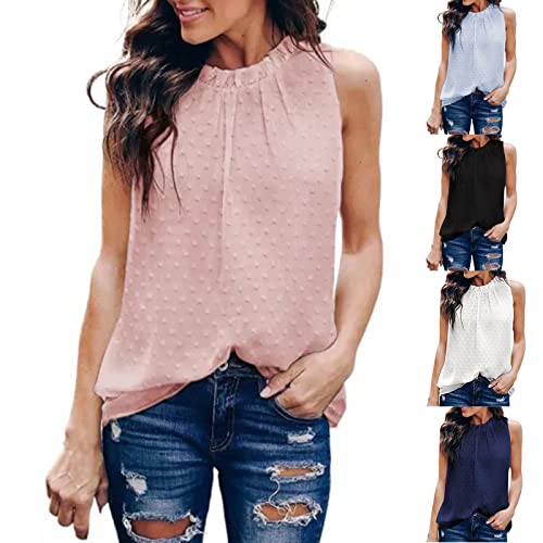 Tank Top Damen ÄRmellose LäSsig Tanktops Mit Polka Dots Loose Fit Rundhals Sommer T-Shirts Mode Elegant Sommer Tunic Comfy Cami Weste Top Mit Punkten Einfarbige Neckholder Tops Sommeroberteile von routinfly