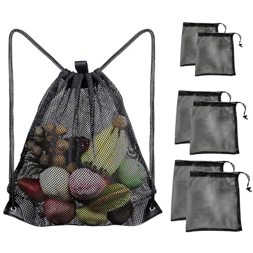 RoxNvm Netzbeutel, 1 Stück Netztasche Groß mit 6 Stück Netztasche Klein, Turnbeutel Mesh Strandtasche, Mesh Rucksäcke, geeignet für Ballspiele, Schwimmen, Strand, Camping Lagerung von RoxNvm