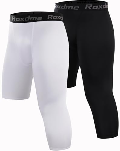 Roxdme 2er-Pack Herren 3/4 One Leg Kompression Capri Strumpfhosen Basketball Athletic Running, Schwarz + Weiß (kurz rechts), Klein von Roxdme