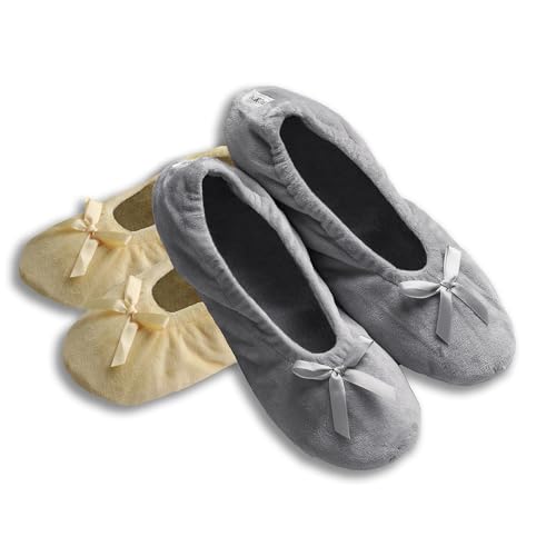 Roxoni Damen Frottee Classic Baumwolle & Velours Ballerina Hausschuhe (2er Pack), Gelb/Grau-Velours, 10.5-11.5 von Roxoni