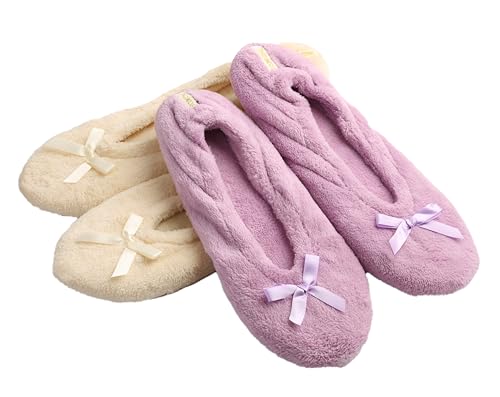 Roxoni Damen Frottee Classic Baumwolle & Velours Ballerina Hausschuhe (2er Pack), Violett/Beige, 37.5/38 EU von Roxoni