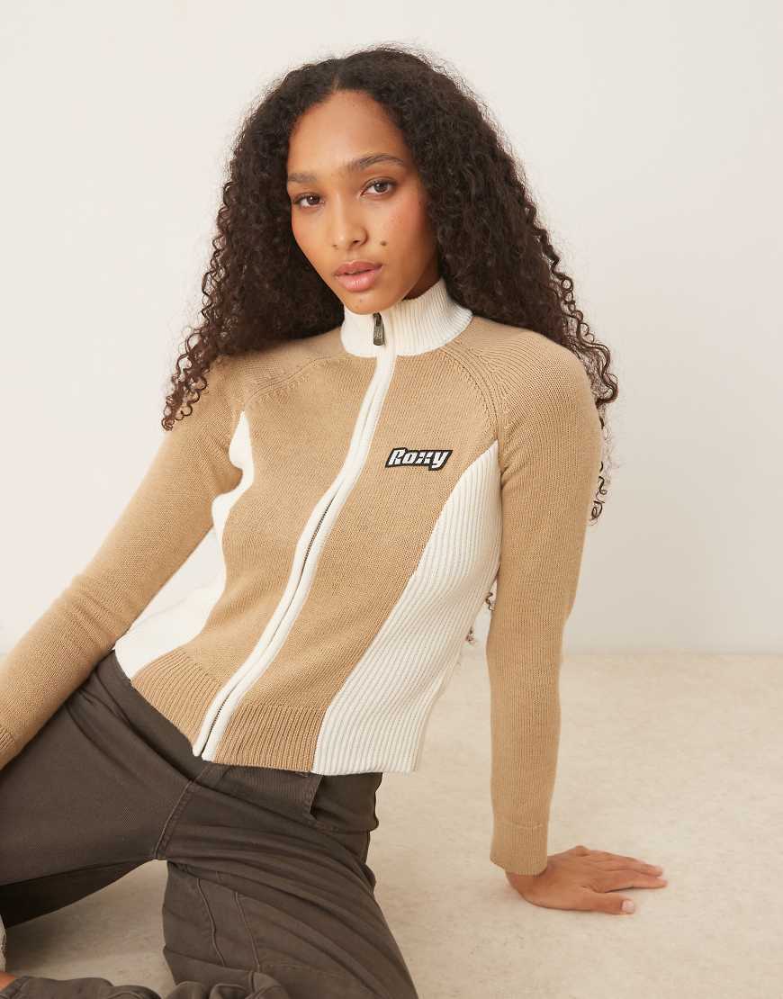 Roxy - Chloe Kim - Pulloverjacke in Travertine mit Stehkragen, Reißverschluss und Colourblock-Design-Brown von Roxy