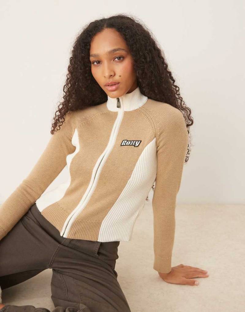 Roxy - Chloe Kim - Pulloverjacke in Travertine mit Stehkragen, Reißverschluss und Colourblock-Design-Brown von Roxy