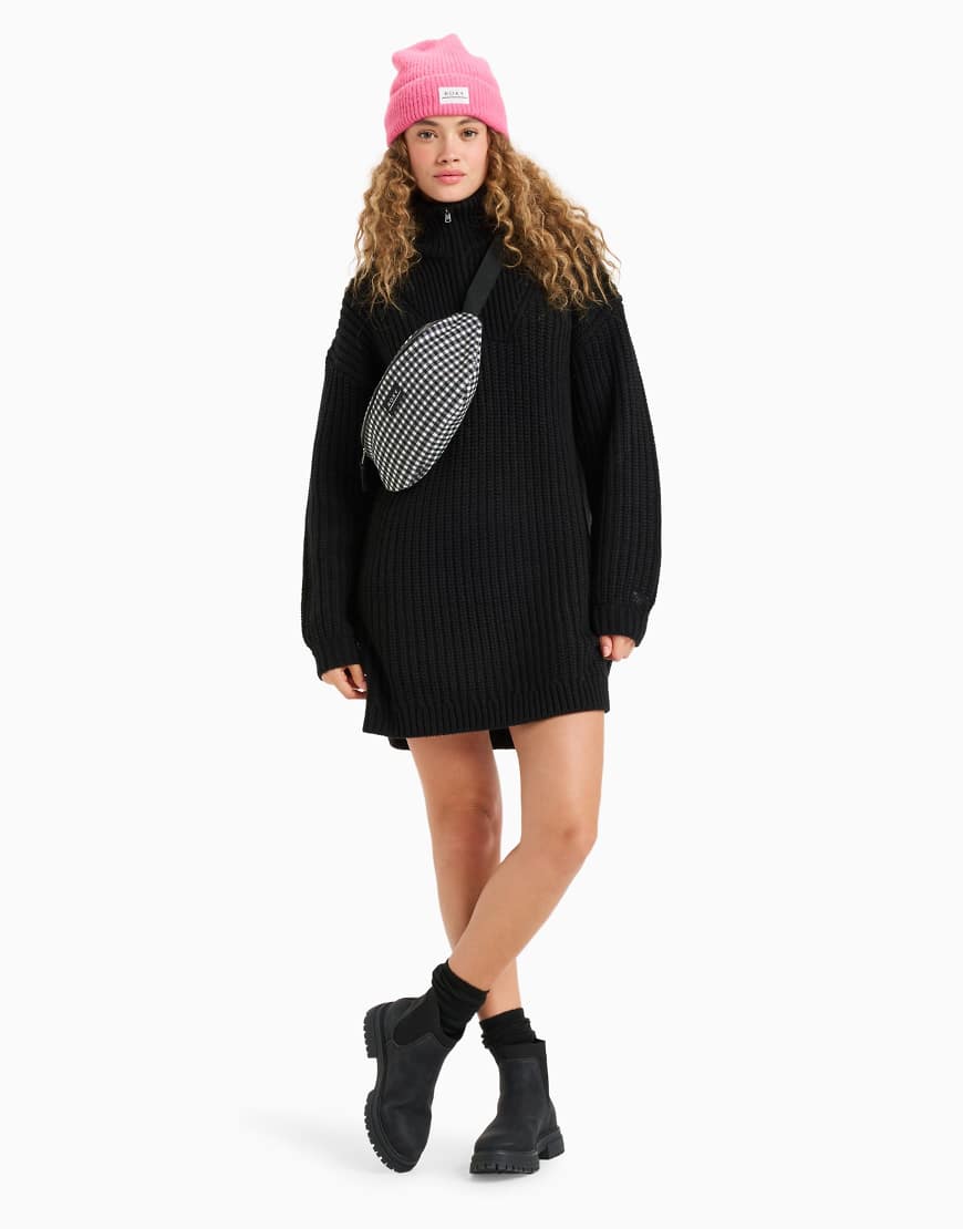 Roxy - Home Again - Langärmliges Pulloverkleid in Anthrazit mit kurzem Reißverschluss und Kragendetail-Schwarz von Roxy