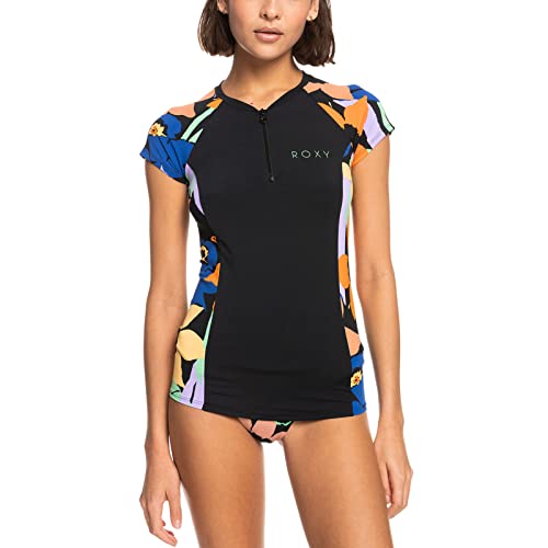 Roxy Caps Sleeve - Short Sleeve Zip-Up Rash Vest for Women - Kurzärmlige Rash-West mit Reißverschluss - Frauen - S - Schwarz. von Roxy