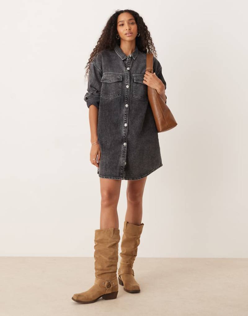 Roxy - Tidal Moon - Langärmliges Hemdblusen-Jeanskleid in Mittelgrau von Roxy