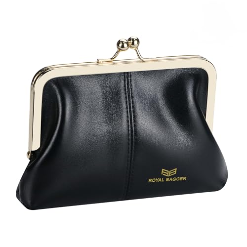 ROYAL BAGGER Modische Damen-Geldbörse aus echtem Leder, RFID-blockierend, mit Kussschloss, Kartenfächern und Münzfach mit Reißverschluss, 4120, Schwarz, Modisch von Royal Bagger