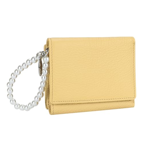 Royal Bagger Echte Kuh Leder Kurze Geldbörse für Frauen, Moderne Mode mit Reiß Verschluss Münz Tasche, Trifold mit Perlen Kette Armband (Gelb) von Royal Bagger