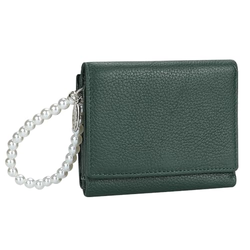 Royal Bagger Echte Kuh Leder Kurze Geldbörse für Frauen, Moderne Mode mit Reiß Verschluss Münz Tasche, Trifold mit Perlen Kette Armband (Grün) von Royal Bagger