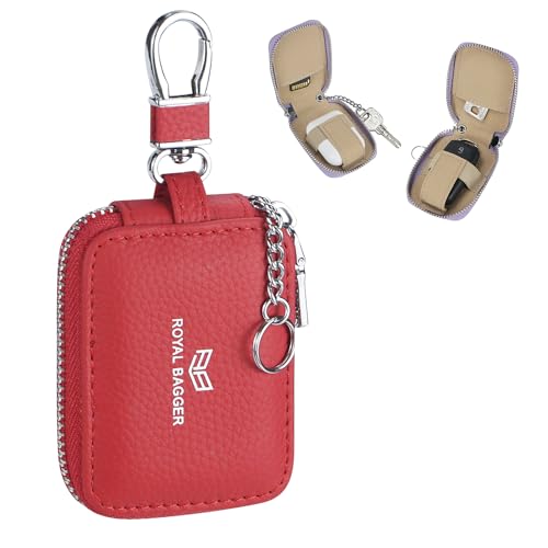 Royal Bagger Mini Kopfhörertasche Echtes Leder Zipper Key Wallet mit Schlüsselanhänger, tragbare Kopfhörertasche für Männer & Frauen 3901 (Rot) von Royal Bagger