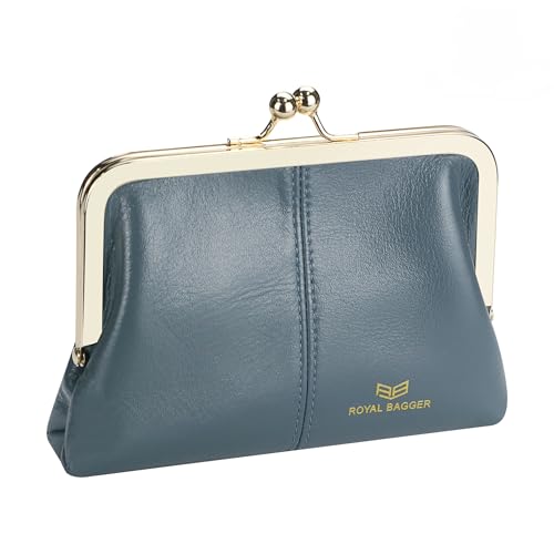 Royal Bagger Modische Echtleder RFID-Blockierung Damen Brieftasche mit Kiss Lock, Kartenfächer und Reißverschluss Münzfach 4120 (Blau) von Royal Bagger