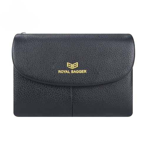 Royal Bagger RFID Blocking Damen Kurze Geldbörse Echtes Leder Multi-Kartenfächer Kartenhalter Trifold Geldbörse Magnetische Öffnung 2063, Schwarz, Casual von Royal Bagger