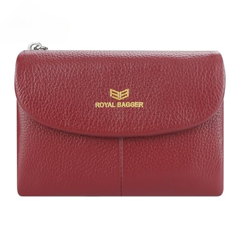 Royal Bagger RFID Blocking Damen Kurze Geldbörse Echtes Leder Multi-Kartenfächer Kartenhalter Trifold Geldbörse Magnetische Öffnung 2063, Weinrot, Casual von Royal Bagger