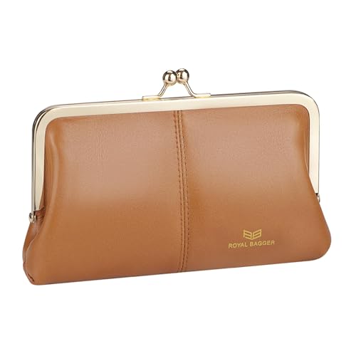 Royal Bagger RFID-Geldbörse mit Kussschloss, einfarbig, mehrere Kartenfächer, Kartenhalter, echtes Leder, Clutch-Geldbörse für Damen 1468, Braun (2468), Casual von Royal Bagger