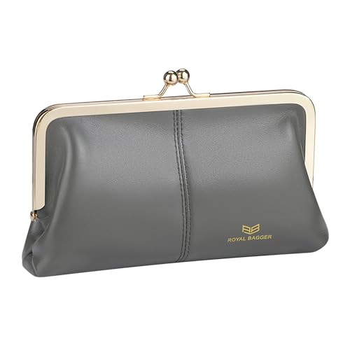 Royal Bagger RFID-Geldbörse mit Kussschloss, einfarbig, mehrere Kartenfächer, Kartenhalter, echtes Rindsleder, Clutch-Geldbörse für Damen 1468, Grau (2468), Casual von Royal Bagger