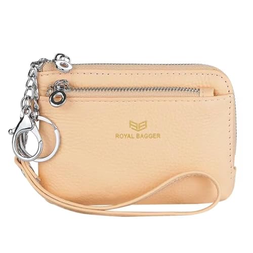 Royal Bagger RFID Geldbörse mit Schlüsselanhänger, Echtleder Multi Zipper Clutch Wallet, Portable Wristlet Card Holder (Blase Rosa) von Royal Bagger