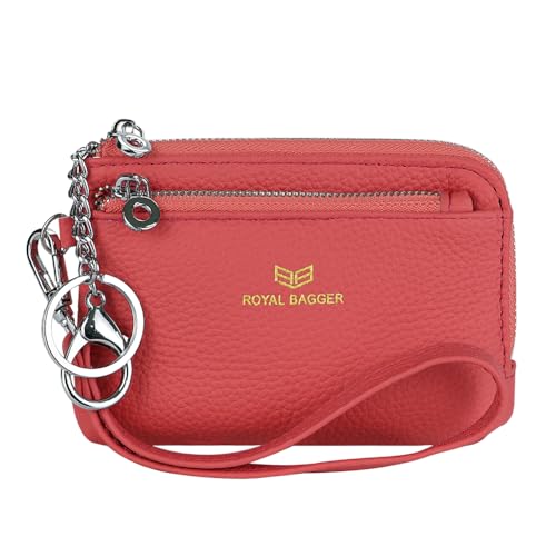 Royal Bagger RFID Geldbörse mit Schlüsselanhänger, Echtleder Multi Zipper Clutch Wallet, Portable Wristlet Card Holder (Extrem rosa) von Royal Bagger