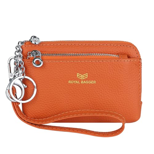 Royal Bagger RFID Geldbörse mit Schlüsselanhänger, Echtleder Multi Zipper Clutch Wallet, Portable Wristlet Card Holder (Orange) von Royal Bagger