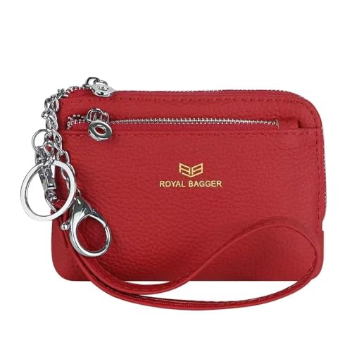Royal Bagger RFID Geldbörse mit Schlüsselanhänger, Echtleder Multi Zipper Clutch Wallet, Portable Wristlet Card Holder (Rot) von Royal Bagger