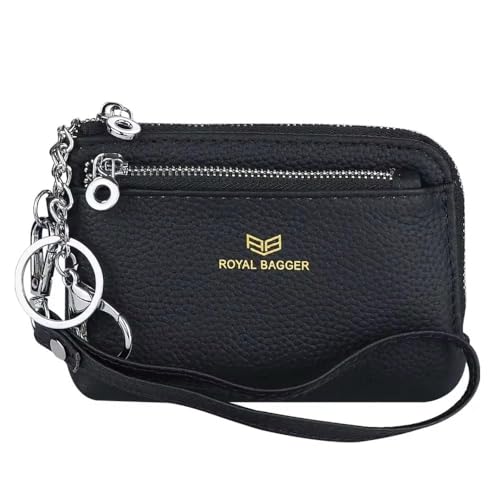 Royal Bagger RFID Geldbörse mit Schlüsselanhänger, Echtleder Multi Zipper Clutch Wallet, Portable Wristlet Card Holder (Schwarz) von Royal Bagger