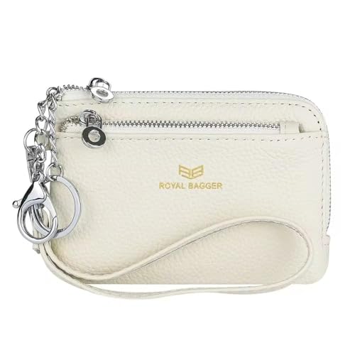 Royal Bagger RFID Geldbörse mit Schlüsselanhänger, Echtleder Multi Zipper Clutch Wallet, Portable Wristlet Card Holder (Weiß) von Royal Bagger