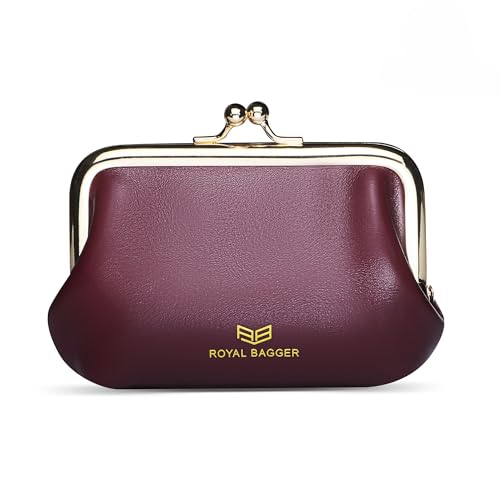 Royal Bagger Retro Kiss Lock RFID Kartenhalter Münze Geldbeutel für Frauen Echtes Rindsleder Kleine Lippenstift Tasche Mode Mini Schlüsselanhänger Brieftasche 3243 (Weinrot) von Royal Bagger