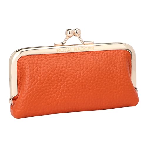 Vintage-Geldbörsen aus echtem Kuh Leder für Damen, Mini-Abend Tasche mit Kuss Schloss, Clutch-Tasche mit Schlüssel Bund für Schlüssel und Kopfhörer (Litchi Orange) von Royal Bagger