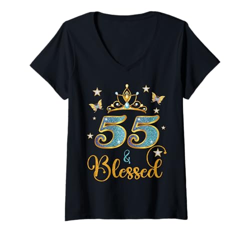 Damen 55 Jahre alte Kronenschmetterlinge zum 55. Geburtstag T-Shirt mit V-Ausschnitt Damen 55 Jahre alte Kronenschmetterlinge zum 55. Geburtstag T-Shirt mit V-Ausschnitt von Royal Birthday Party Blessed Queens
