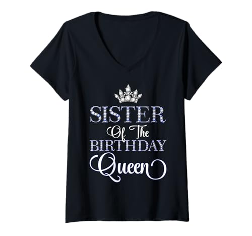 Damen Sister of The Birthday Queen Bday Party Blau T-Shirt mit V-Ausschnitt von Royal Birthday Party Matching Family