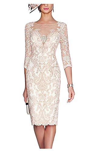 Royaldress Hochwertig Spitze Damen Abendkleider Brautmutterkleider Knielang Ballkleider Figurbetont Etuikleider Kurz-38 Beige von Royal Dress