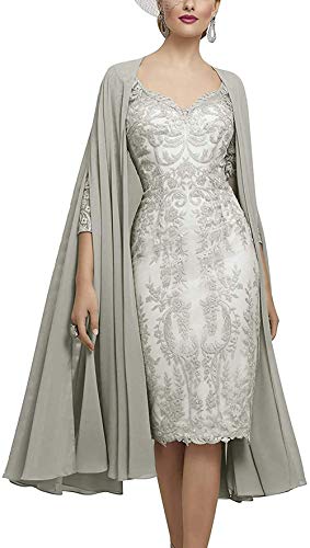 Royaldress Silber Elegant Knielang Abendkleider Ballkleider Brautmutterkleider Spitzenkleider Etuikleider mit Chiffon Bolero-56 Silber von Royal Dress