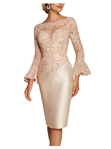 Royaldress Spitze Langarm Abendkleider Brautmutterkleider Hochzeitsgaeste Festliche Kleider Knielang Kurz Etuikleider -46 Champagner von Royal Dress