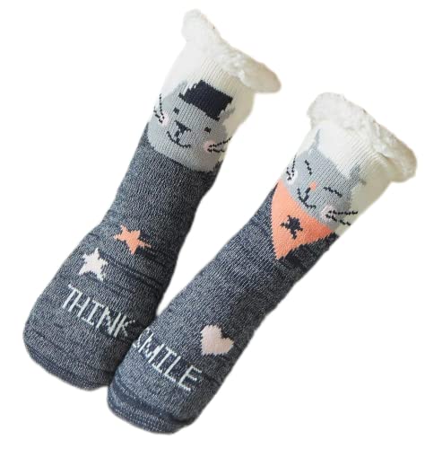 Royal Hong Beauty Flauschige Hausschuhsocken für Kinder, Mädchen, Damen, mit Greifern, rutschfest, warme Weihnachtssocken, Cat-Grey, Einheitsgröße von Royal Hong Beauty