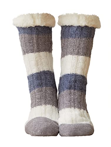 Royal Hong Beauty Flauschige Hausschuhsocken für Kinder, Mädchen, Damen, mit Greifern, rutschfest, warme Weihnachtssocken, Twist-Blau und Weiß, Einheitsgröße von Royal Hong Beauty