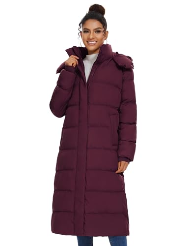 ROYAL MATRIX Damen Lange Steppjacke Puffer Mantel Winter Warm Maxi Puffer Jacke mit Abnehmbarer Kapuze, Weinrot, Medium von Royal Matrix