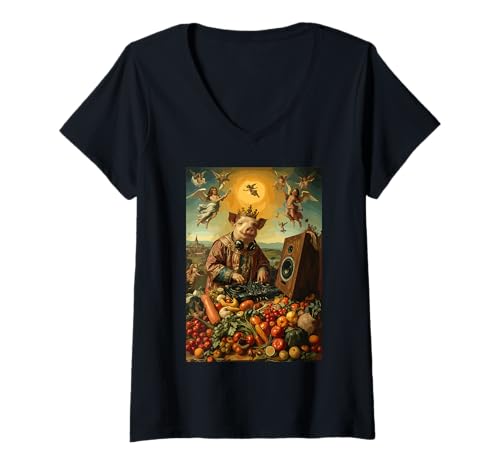 Damen DJ Pig Crown Kopfhörer Engel Essen Musik Party Farmer T-Shirt mit V-Ausschnitt von Royal Swine Deejay Heavenly Beats Farm Grooves