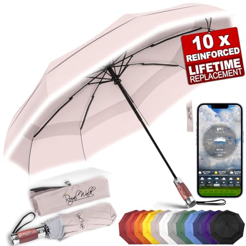 Royal Walk Regenschirm Taschenschirm Sturmfest Automatik Auf und Zu Winddichter Doppelverdeck Klein Stabil Schirm Reflektierend mit Luxuriösem Echtholzgriff für Damen und Herren Umbrella (Beige) von Royal Walk